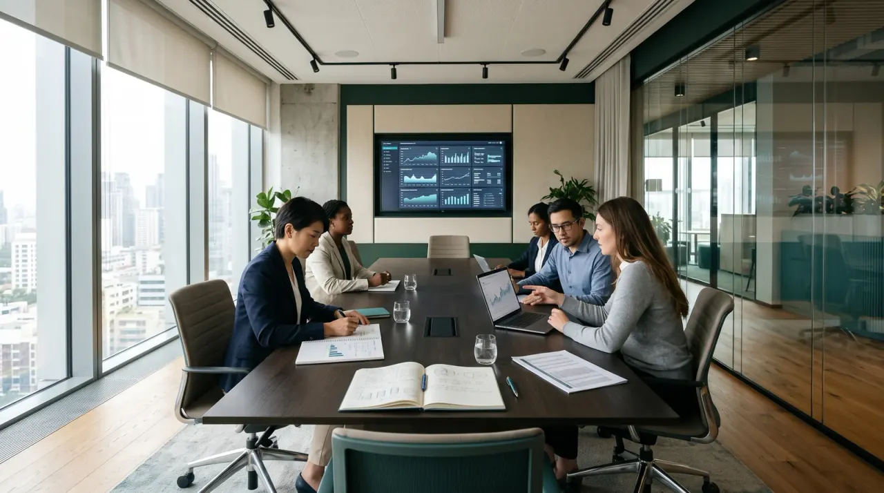Mehrere Personen sitzen am Konferenztisch vor einem Bildschirm mit Diagrammen